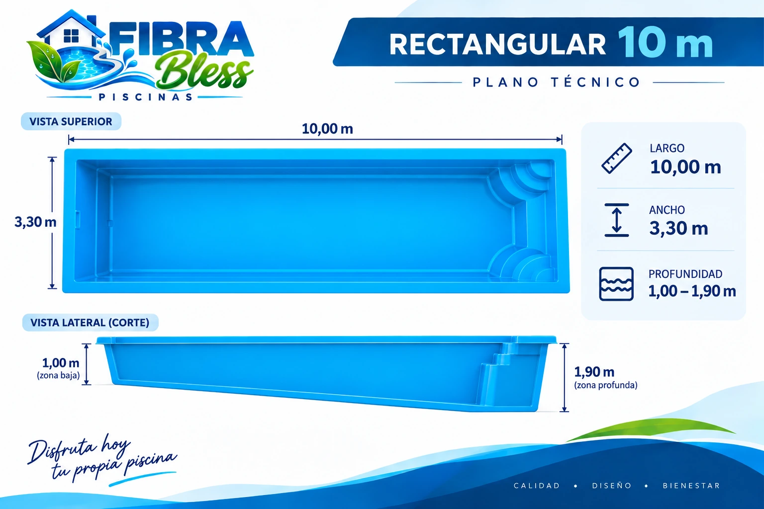 Rectangular 10 m · Plano técnico