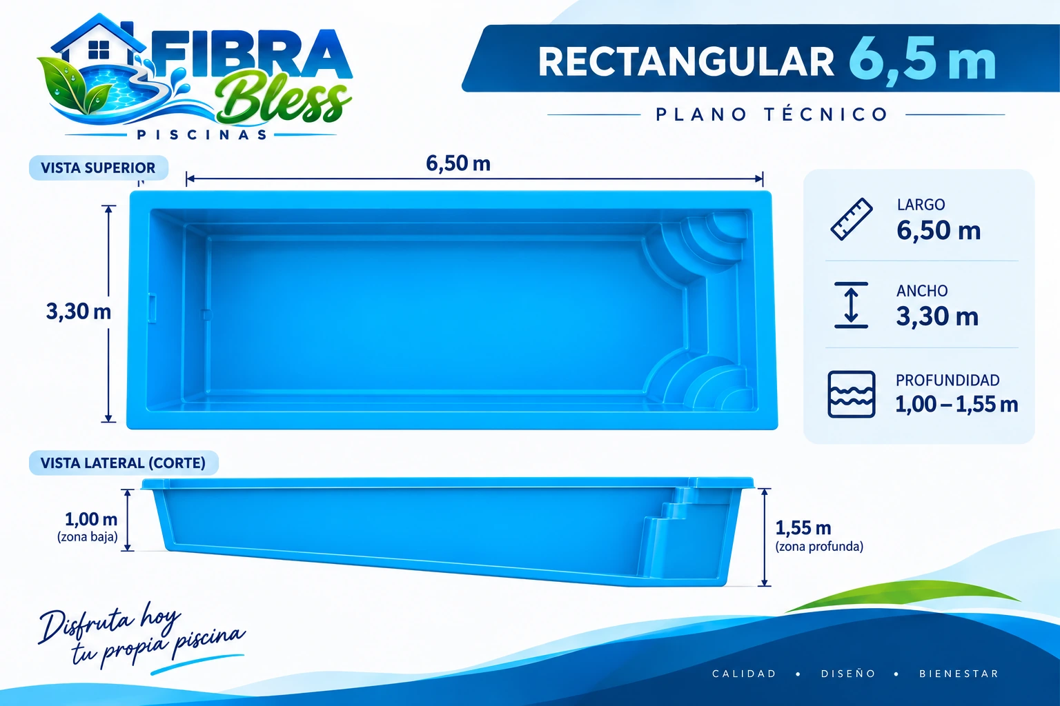 Rectangular 6,5 m · Plano técnico